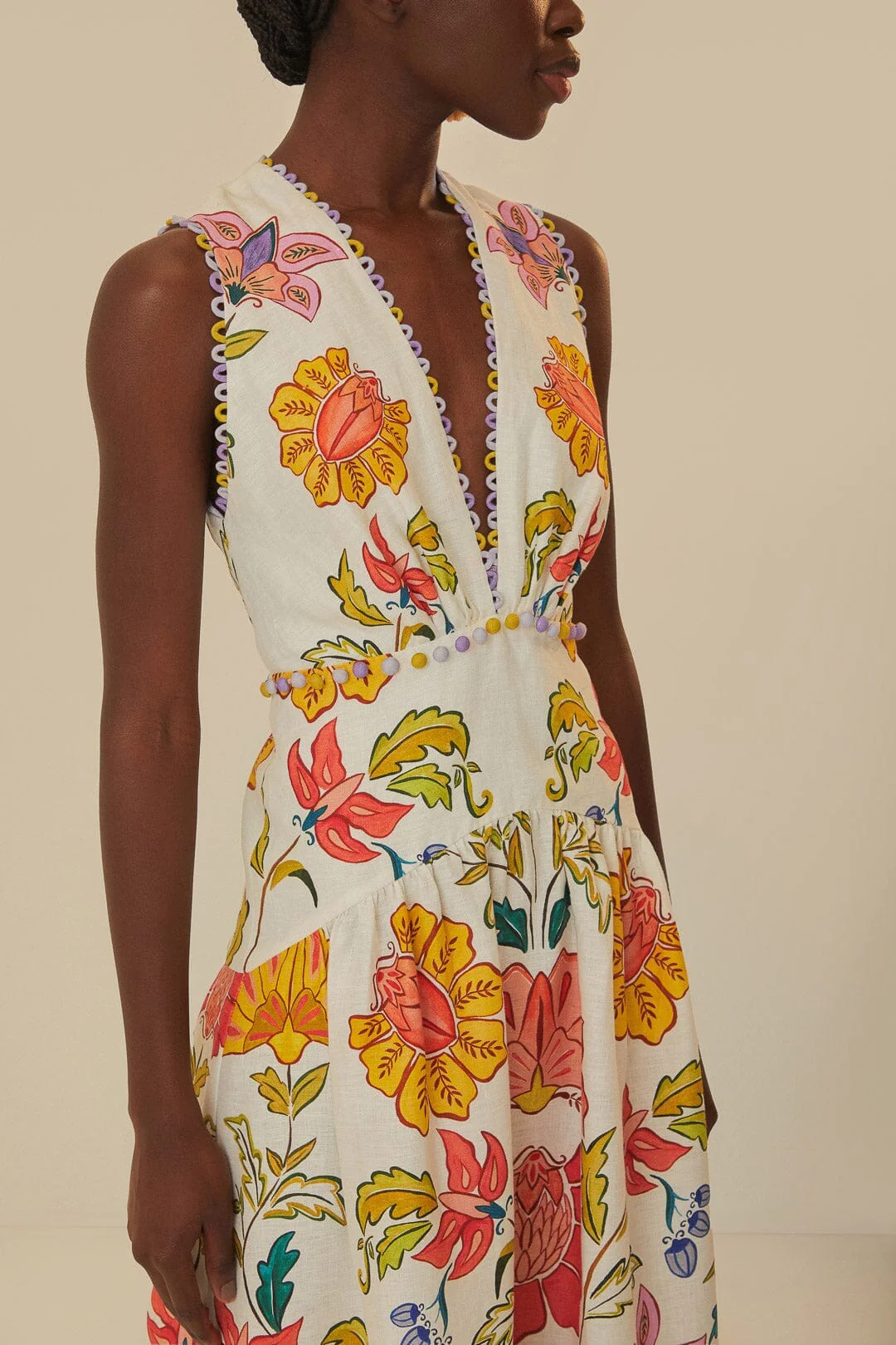Off-White Floral Insects Euroflax™ Premium Linen Maxi Dress - Image 3