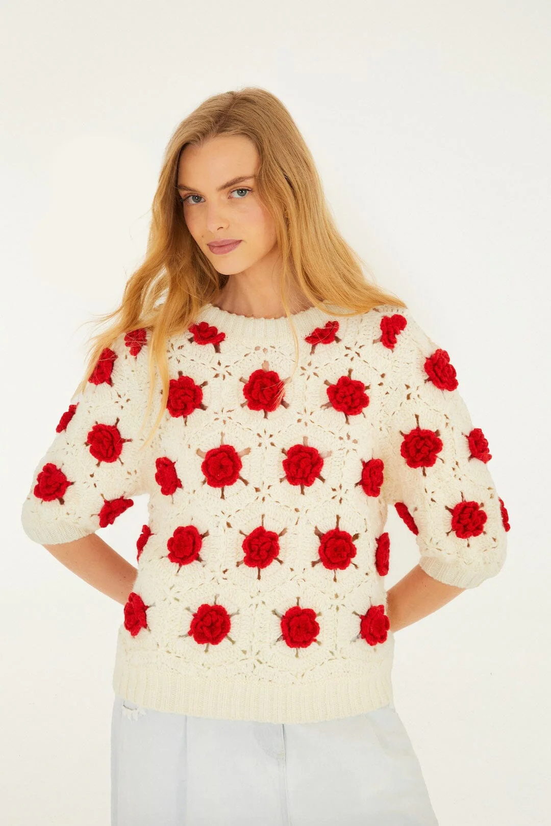 Red Flower Crochet Knit Blouse
