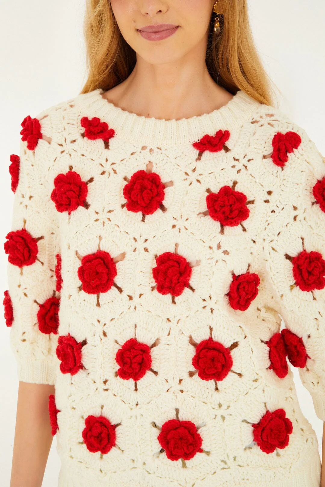 Red Flower Crochet Knit Blouse - Image 2