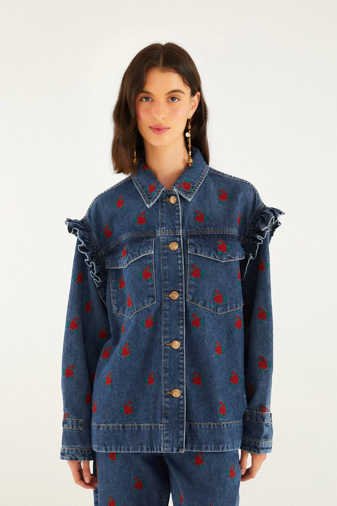 Denim Embroidered Flowers Shirt - Image 2