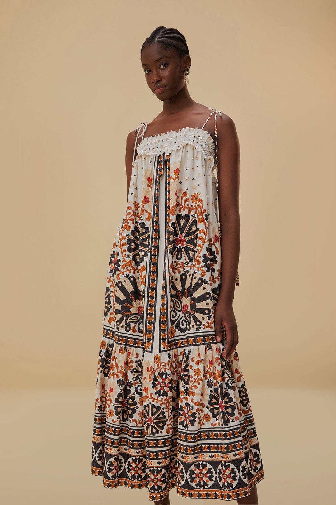Flower Fan Tapestry Off-White Midi Dress - Image 3