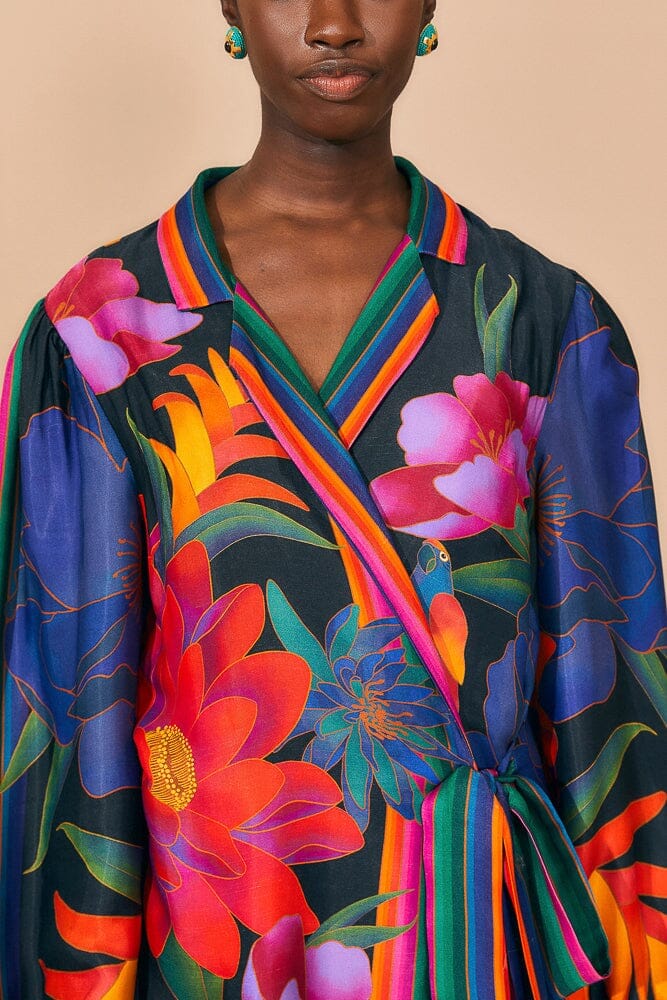 Black Flower Season Scarf Mini Wrap Dress - Image 3