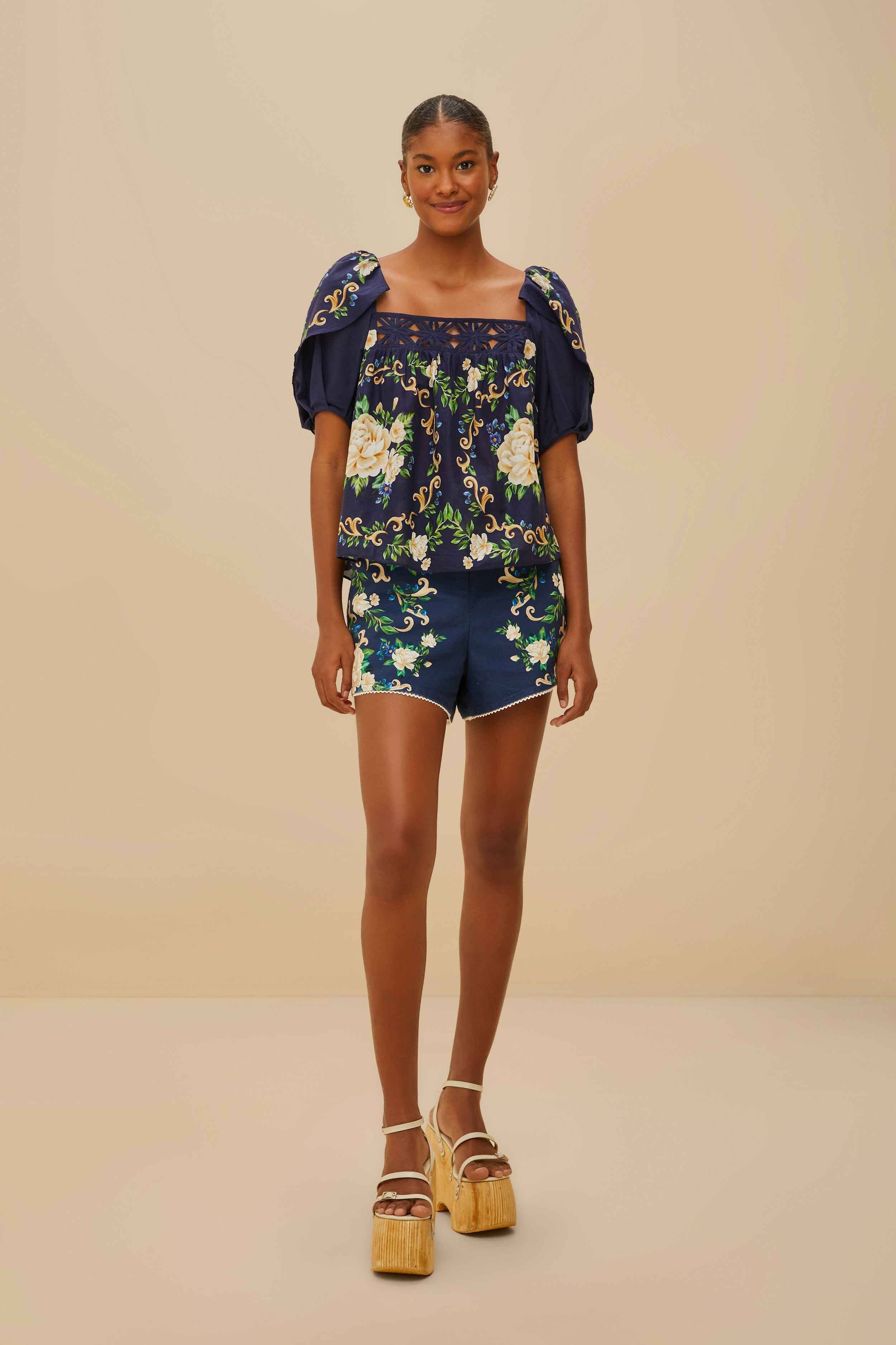 Blue Flower Tapestry Yoke Blouse - Image 2