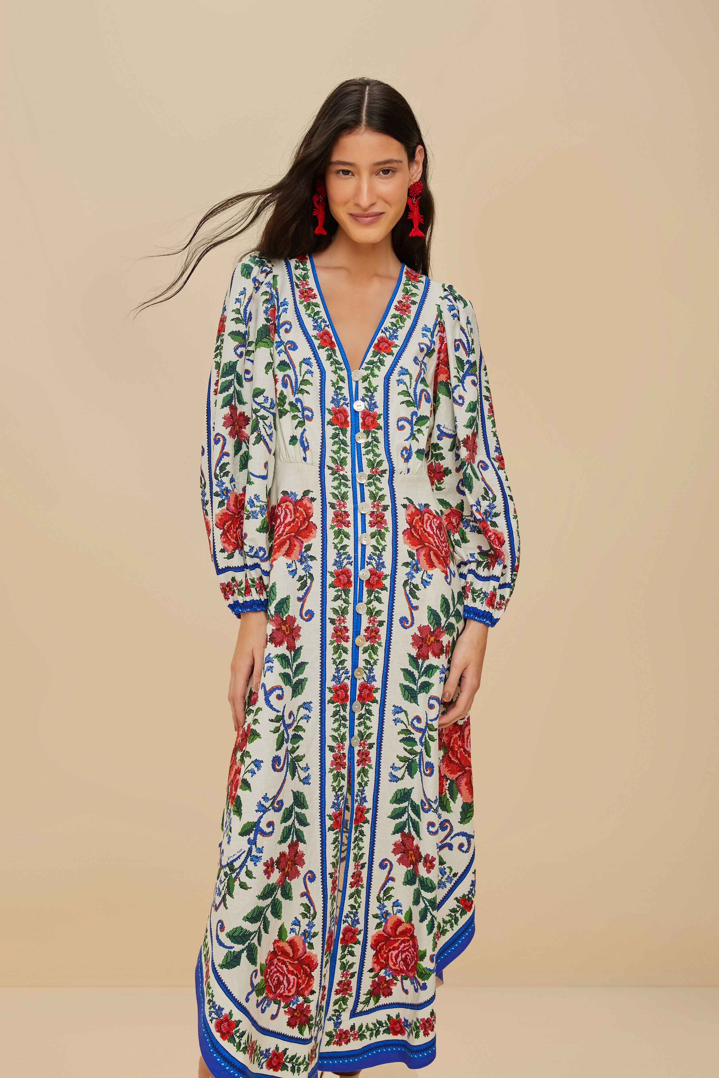 Off-White Flower Tapestry LENZING™ ECOVERO™ Euroflax™ Maxi Dress - Image 3