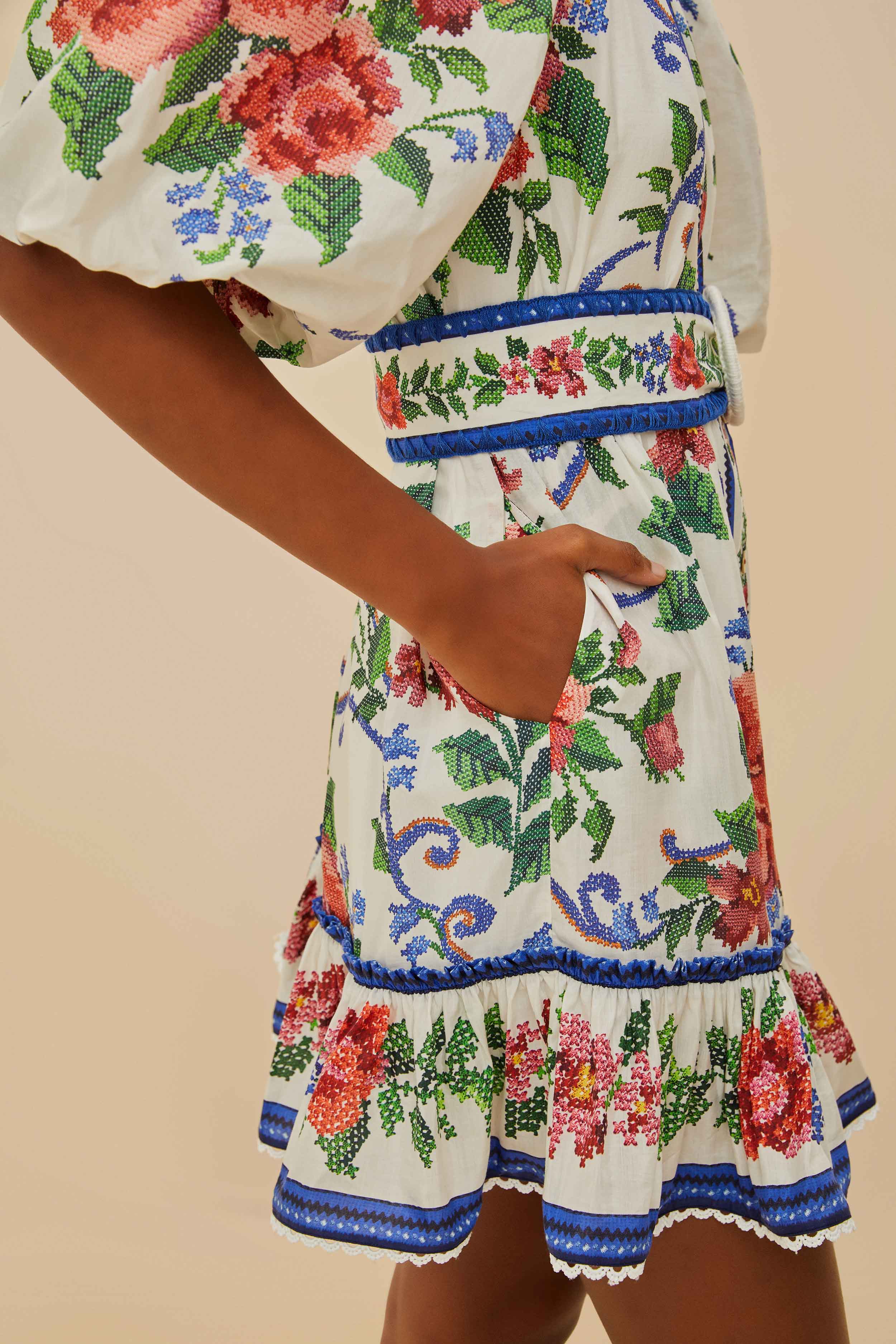 FLOWER TAPESTRY OFF-WHITE MINI DRESS - Image 3