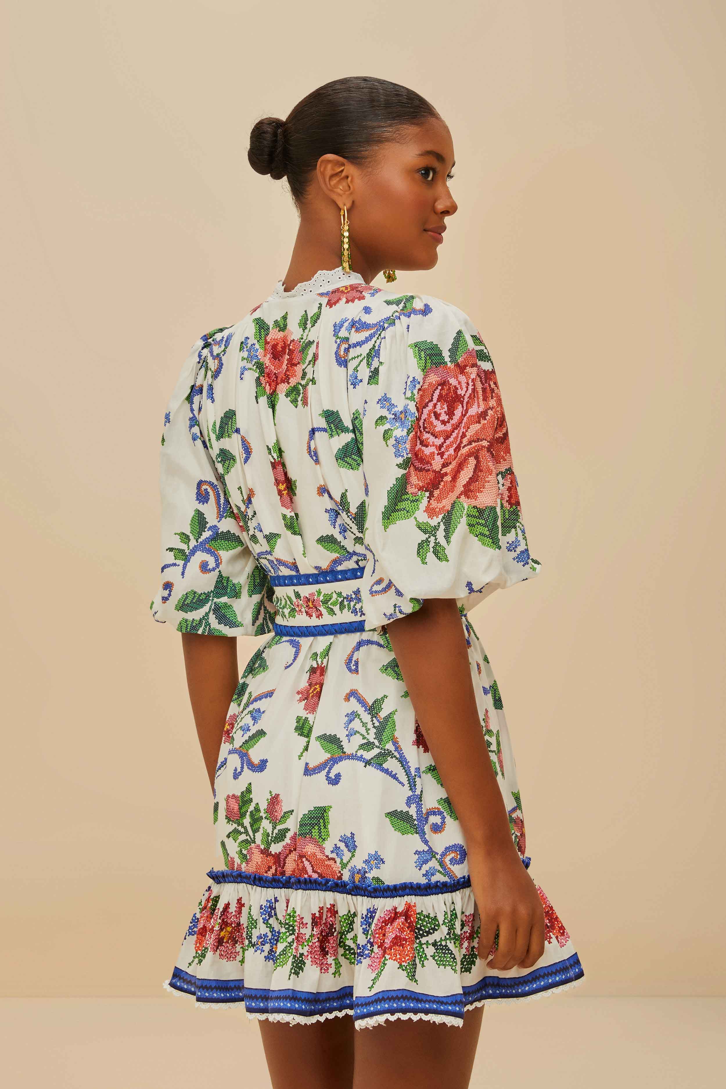 FLOWER TAPESTRY OFF-WHITE MINI DRESS - Image 4