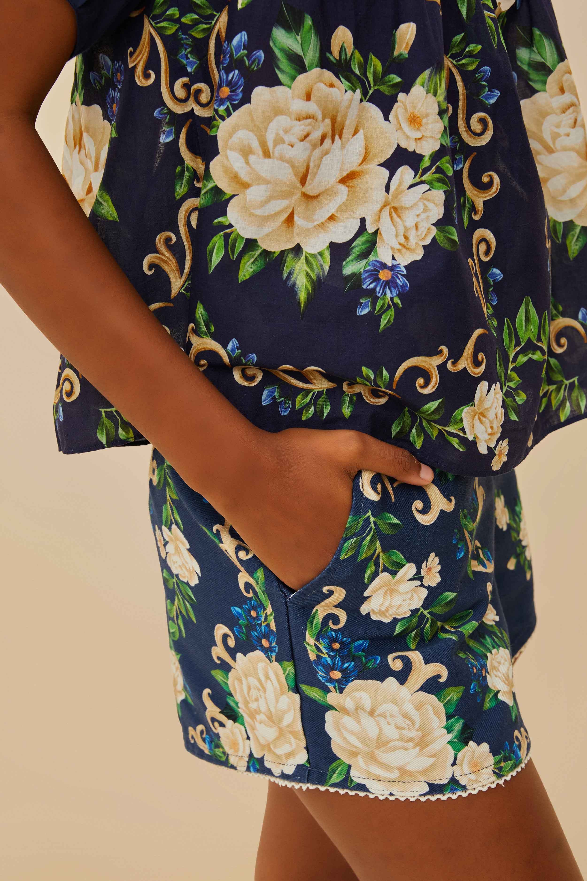 Navy Blue Flower Tapestry Shorts - Image 4