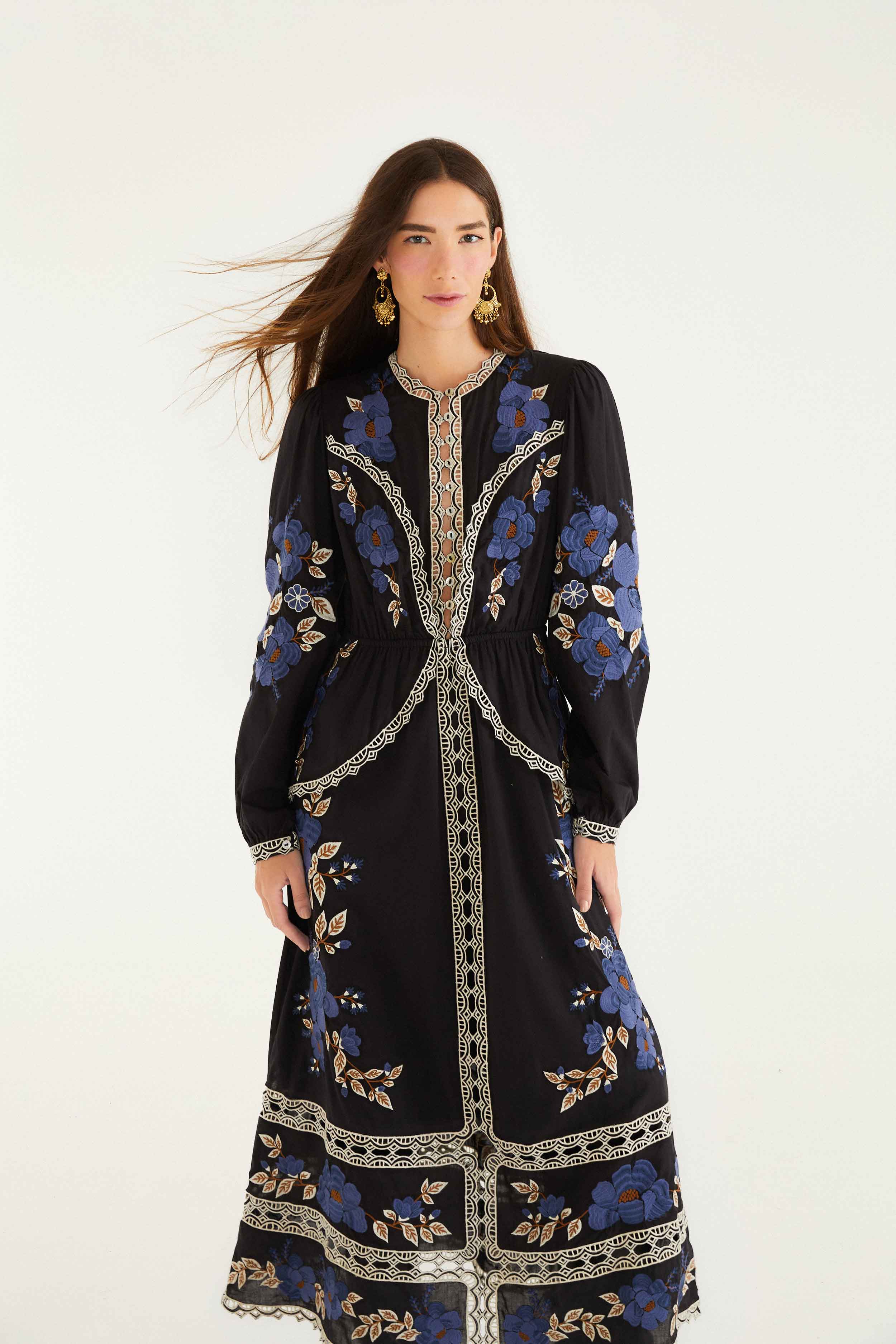 Black Bold Flowers Long Sleeve Midi Dress - Image 2