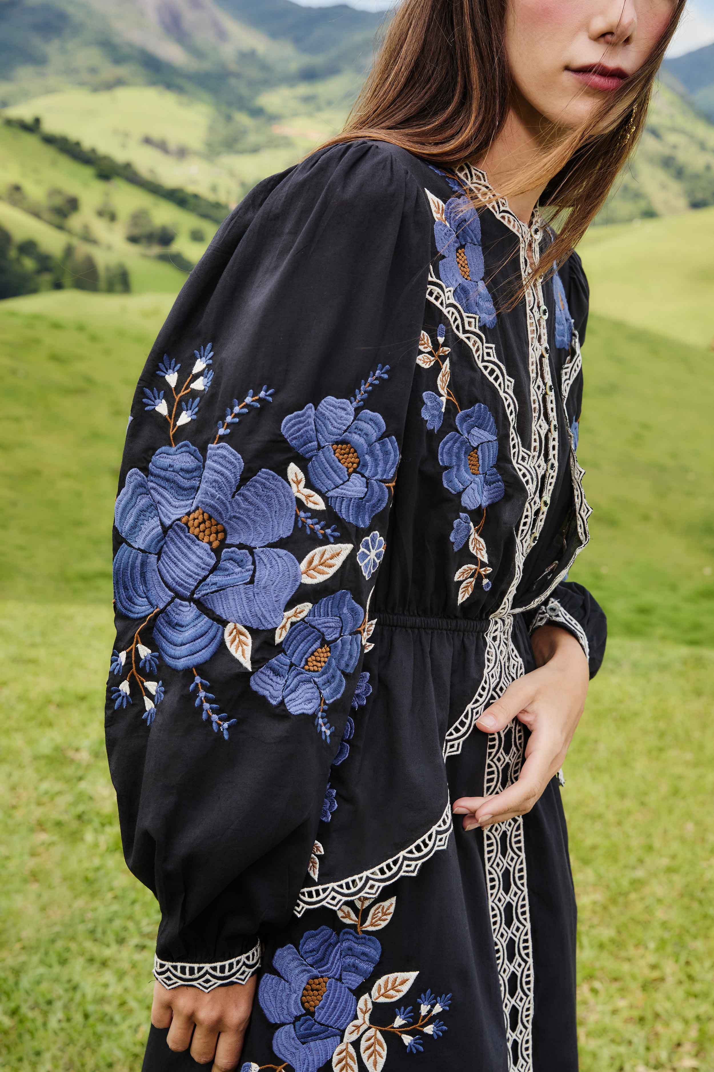 Black Bold Flowers Long Sleeve Midi Dress - Image 3