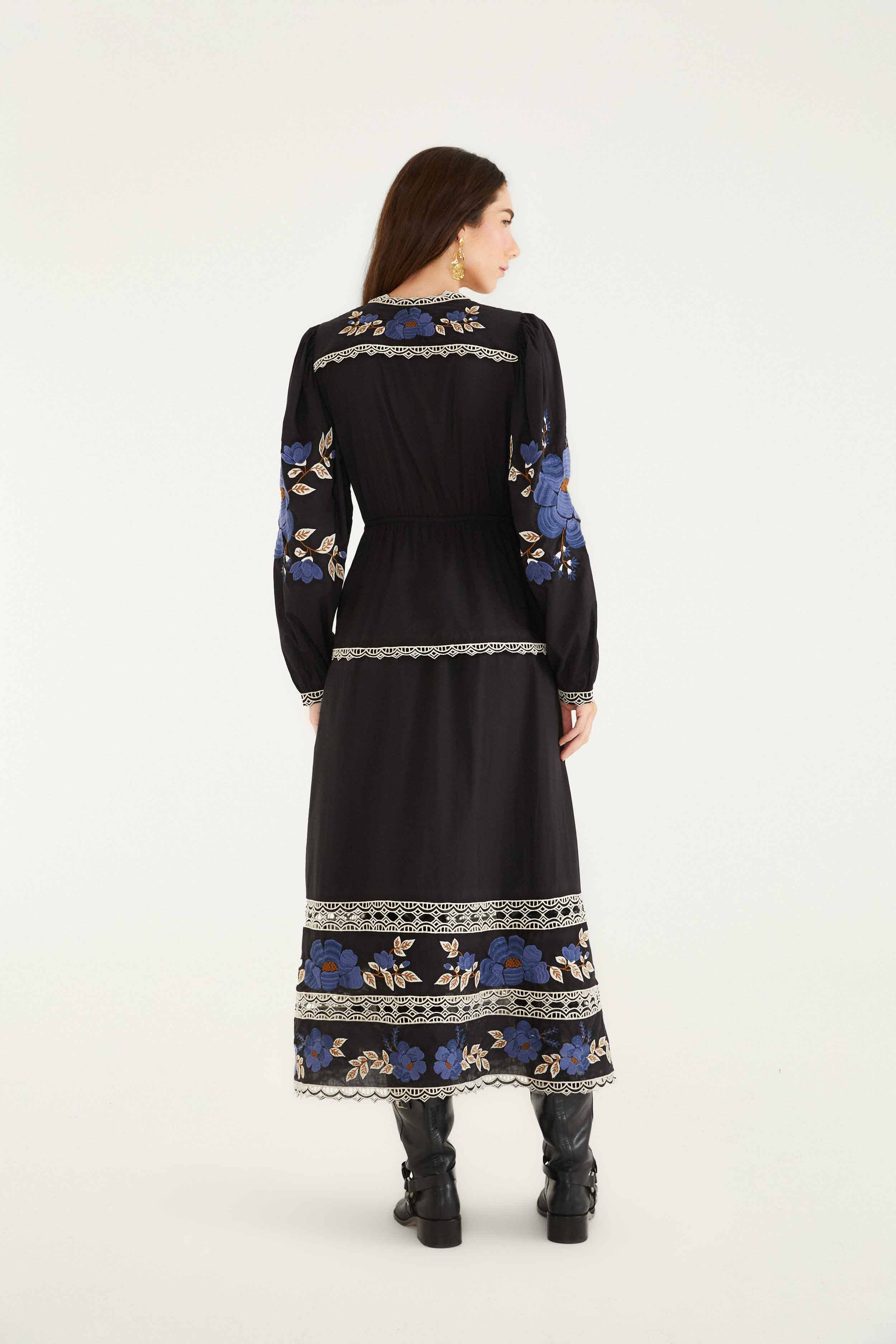 Black Bold Flowers Long Sleeve Midi Dress - Image 4