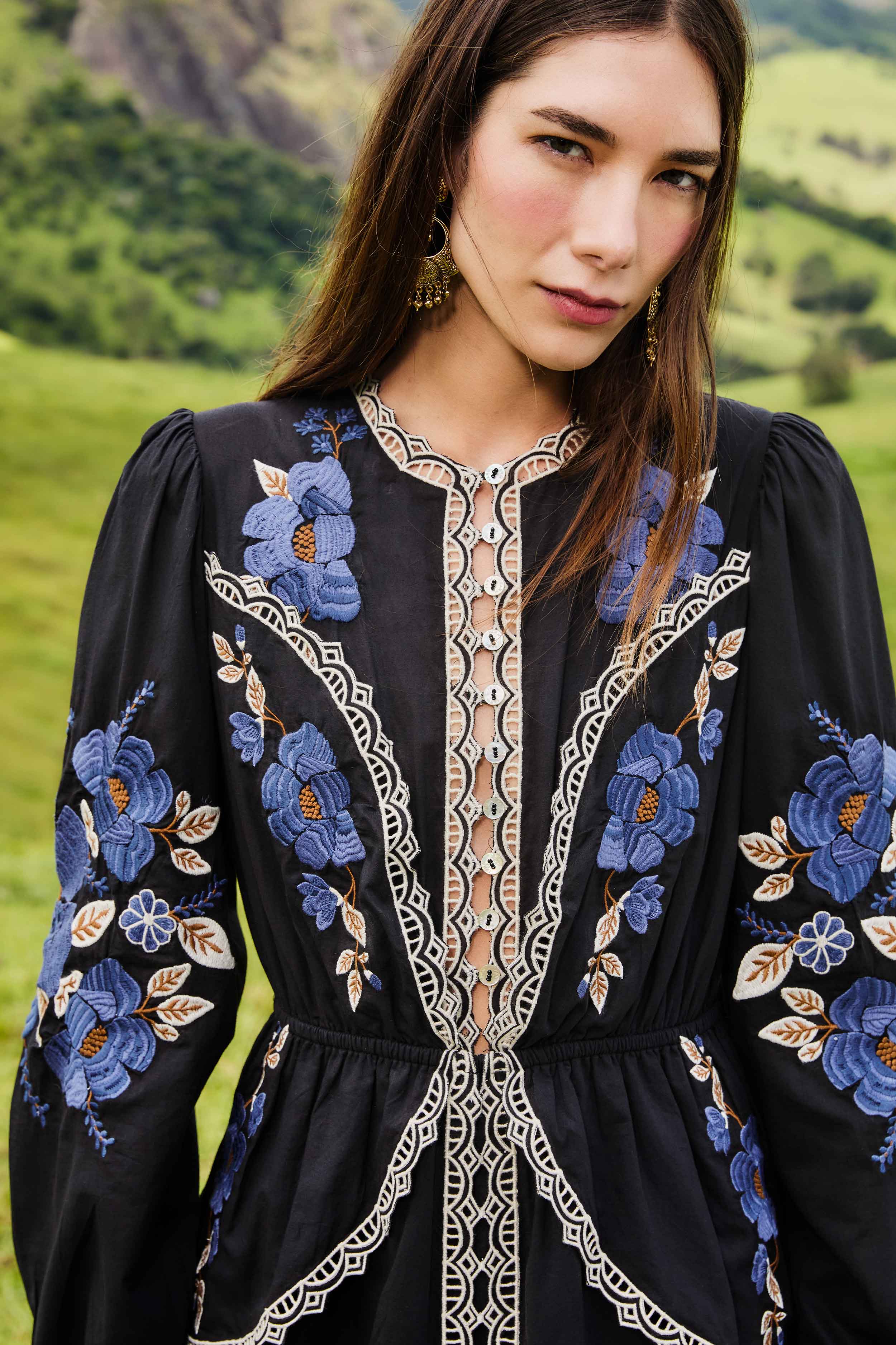 Black Bold Flowers Long Sleeve Midi Dress - Image 5