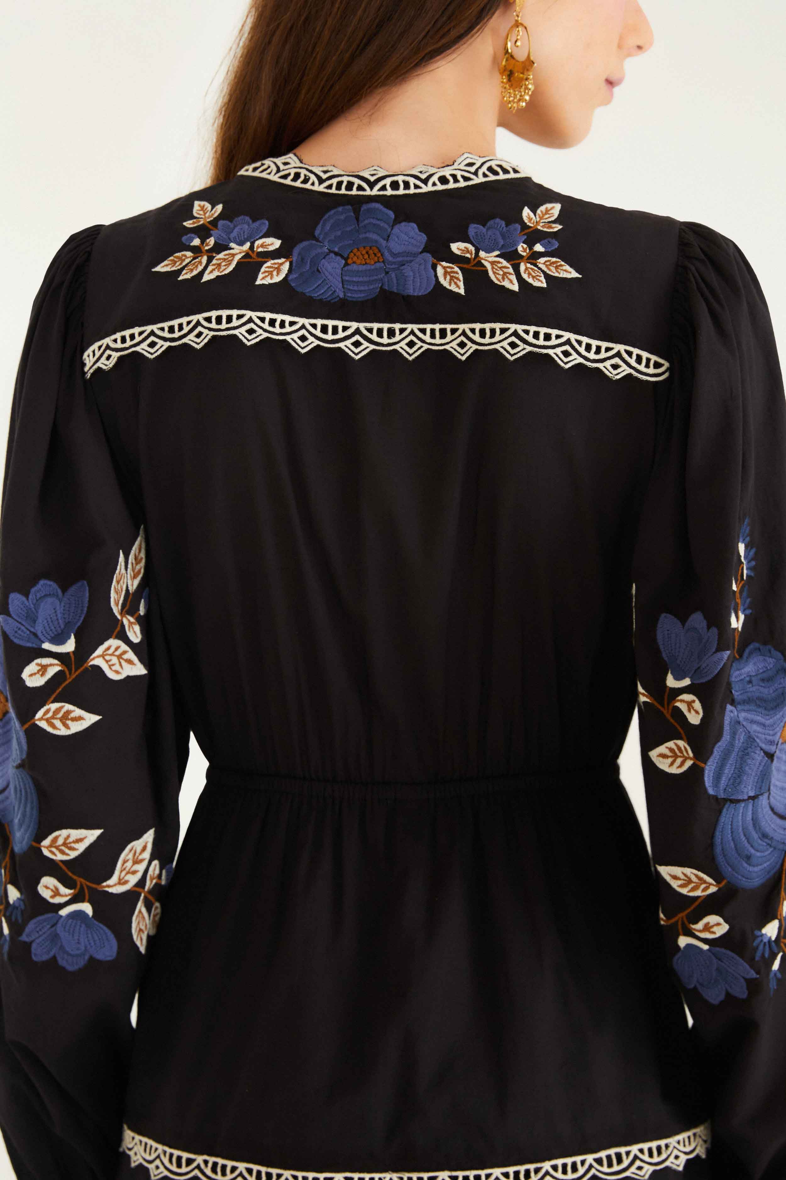 Black Bold Flowers Long Sleeve Midi Dress - Image 6