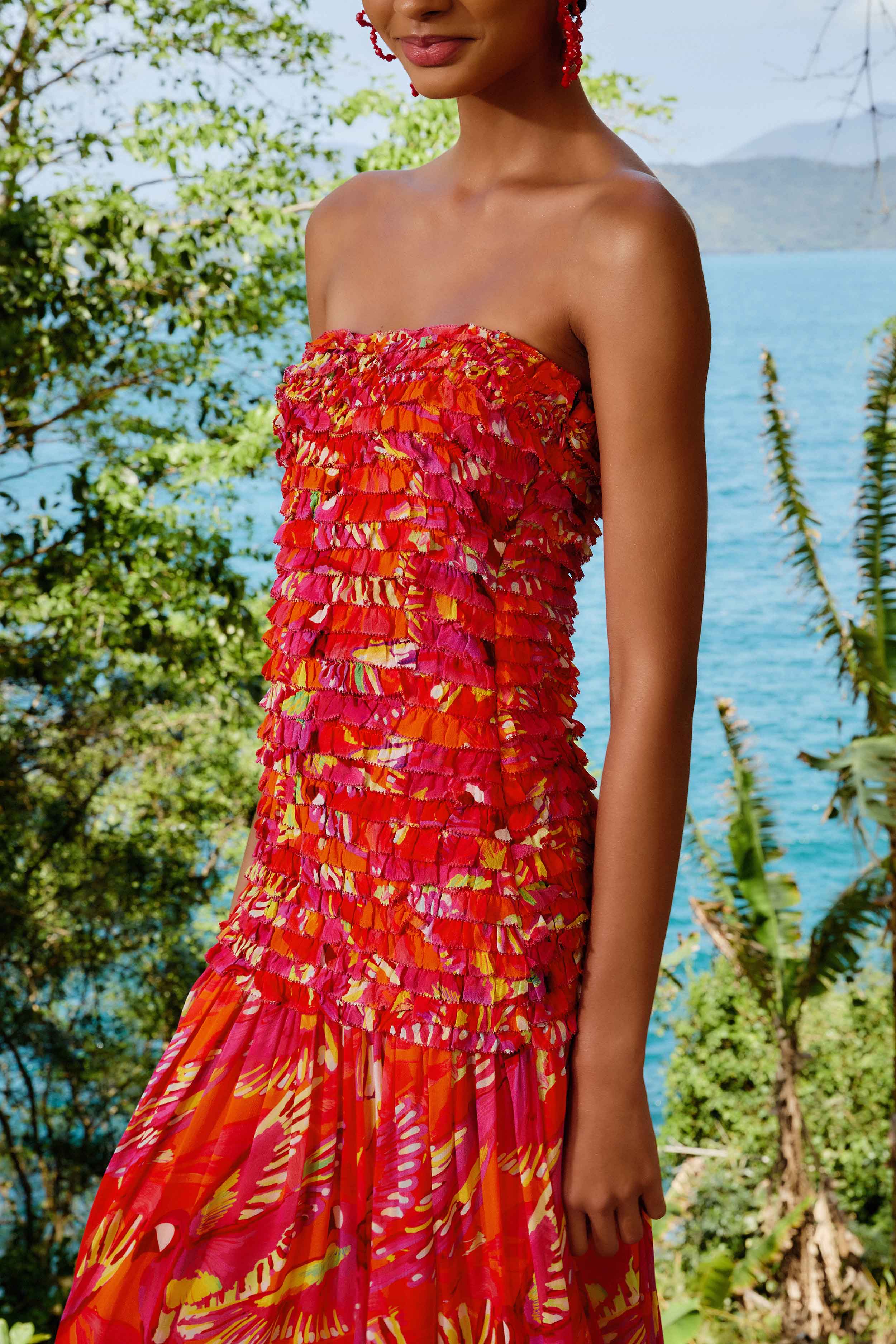 Orange Flying Birds Strapless Midi Dress - Image 3