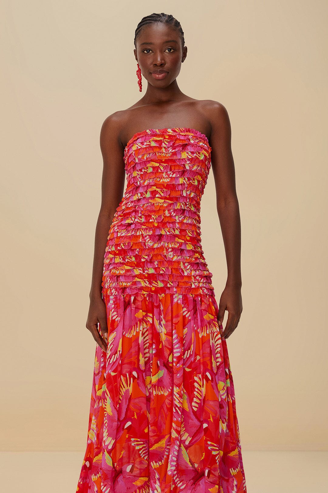 Orange Flying Birds Strapless Midi Dress - Image 4