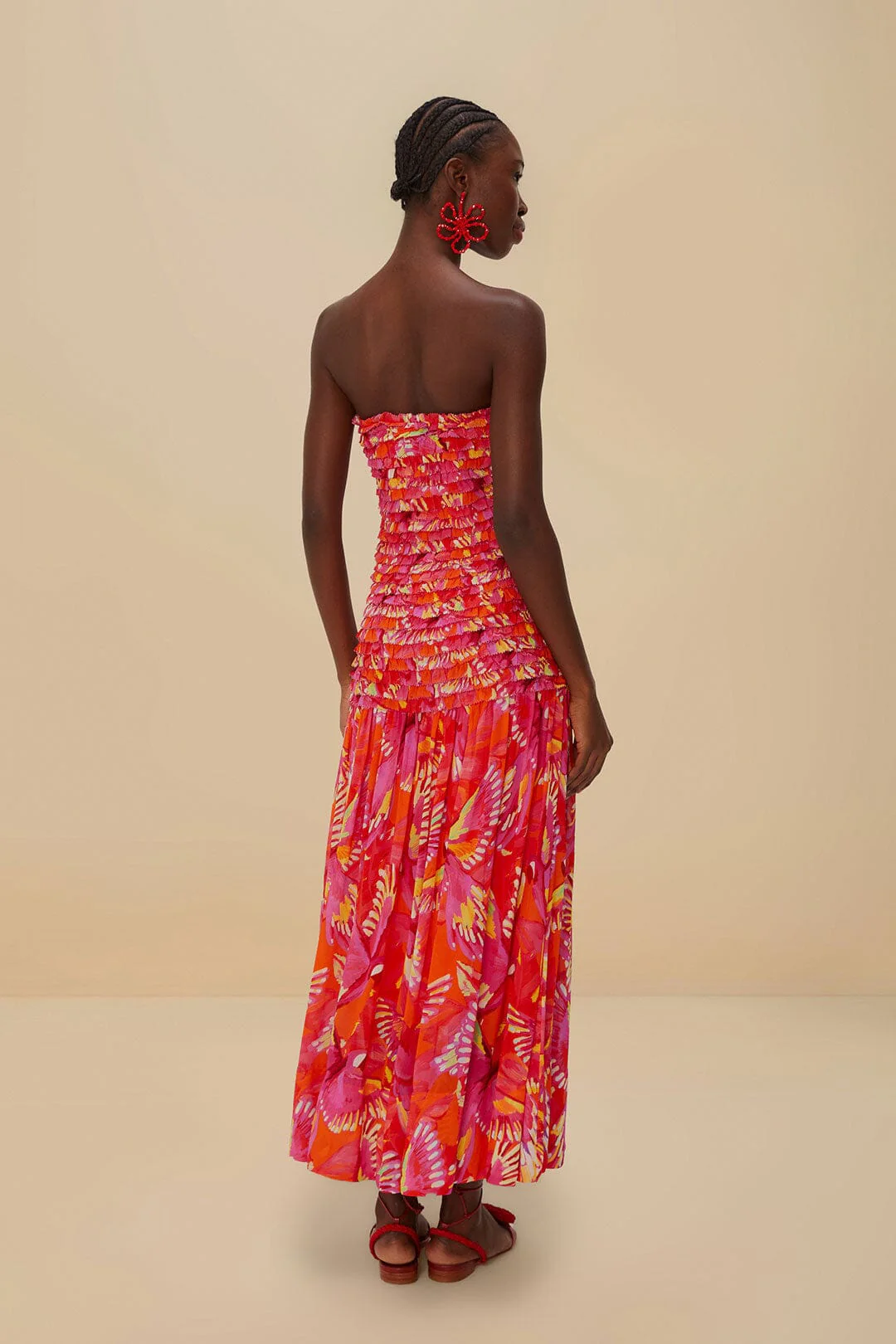 Orange Flying Birds Strapless Midi Dress - Image 6