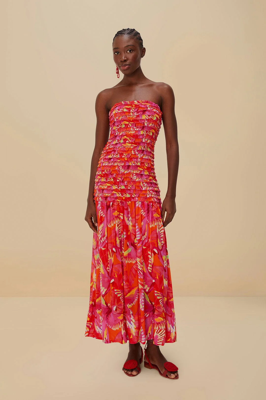Orange Flying Birds Strapless Midi Dress - Image 7