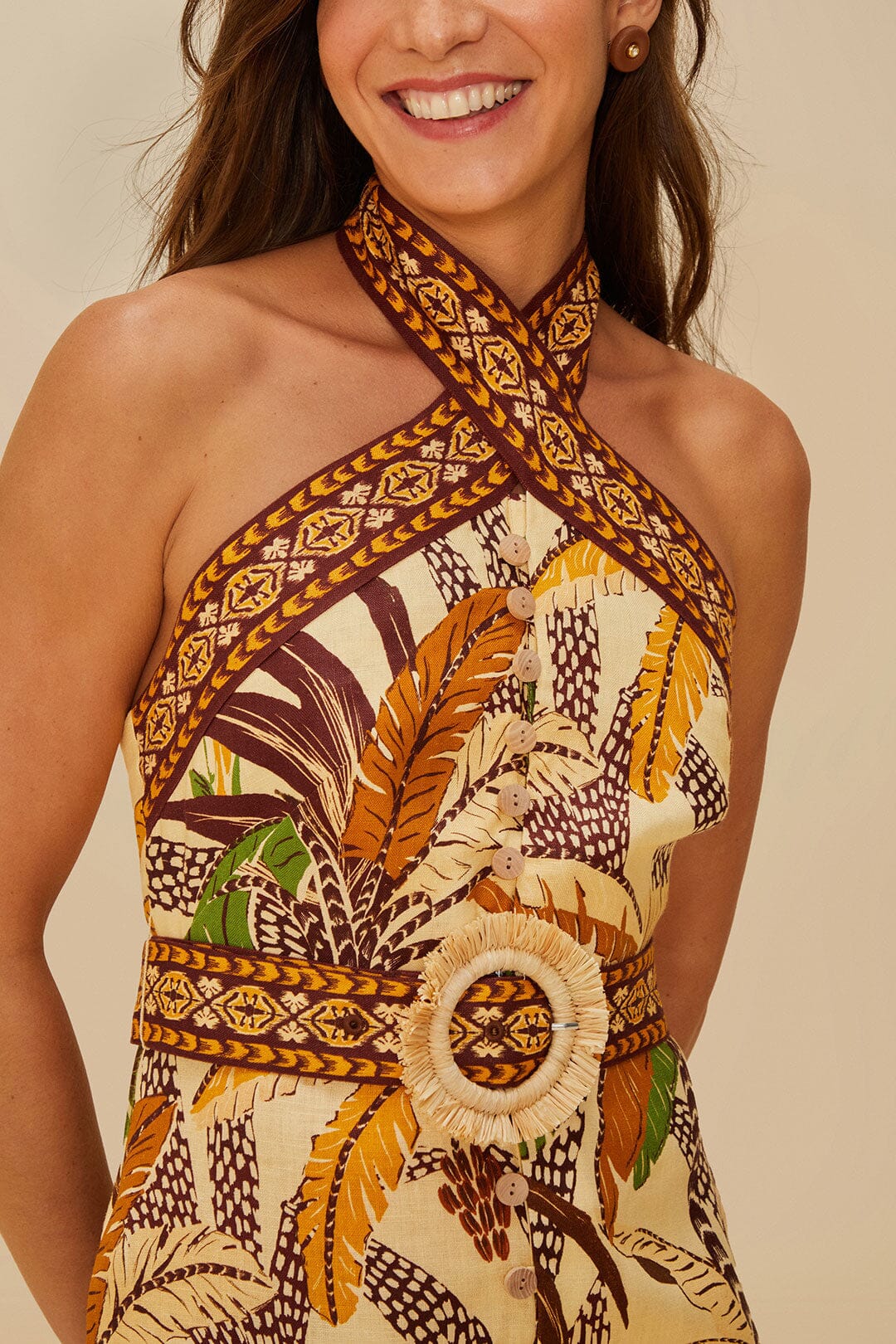 Sand Foliage Sketch Euroflax™ Premium Linen Mini Dress - Image 3