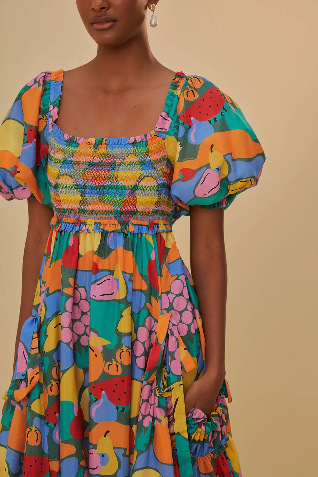Multicolor Fruit Landscape Short Sleeve Midi Dress - Image 3