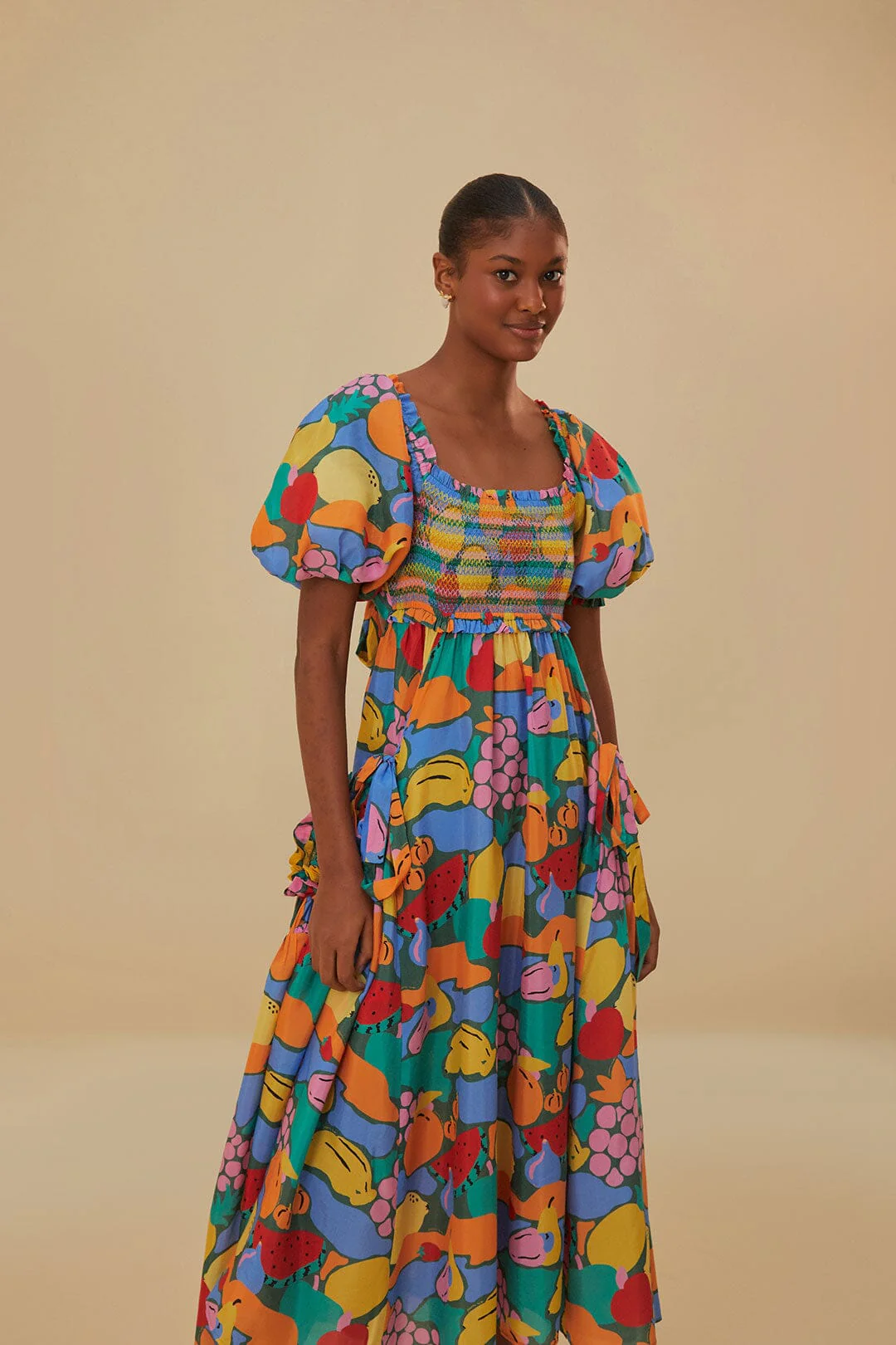 Multicolor Fruit Landscape Short Sleeve Midi Dress - Image 4