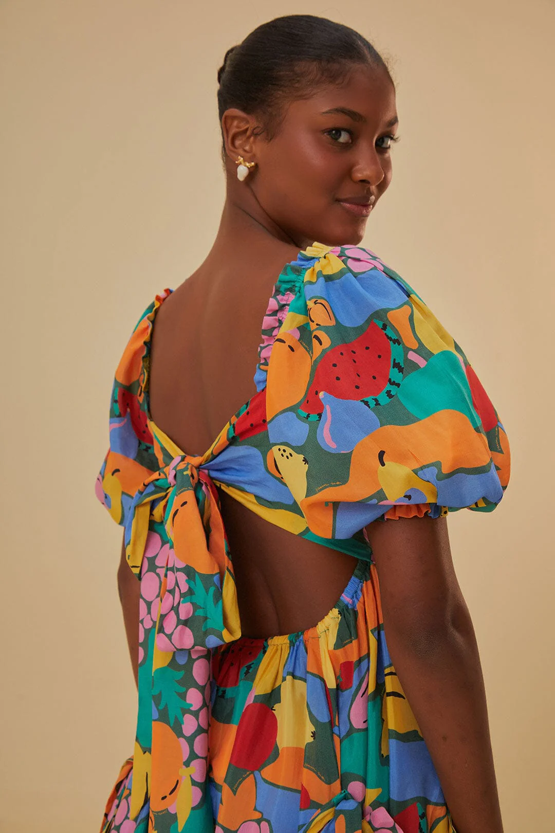 Multicolor Fruit Landscape Short Sleeve Midi Dress - Image 5