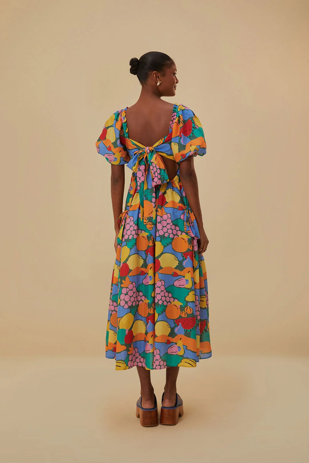 Multicolor Fruit Landscape Short Sleeve Midi Dress - Image 7