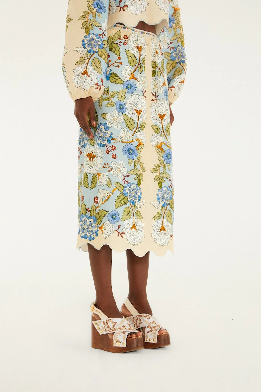 Cream Garden Scarf Euroflax Premium Linen Midi Skirt - Image 2