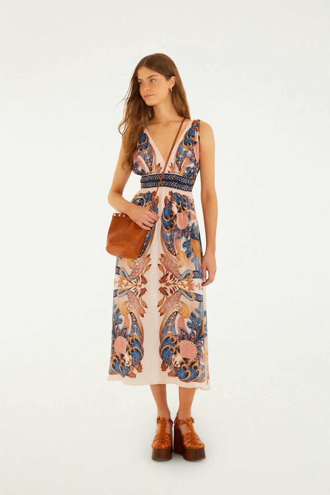 Soft Pink Garden Scarf V Neck Midi Dress