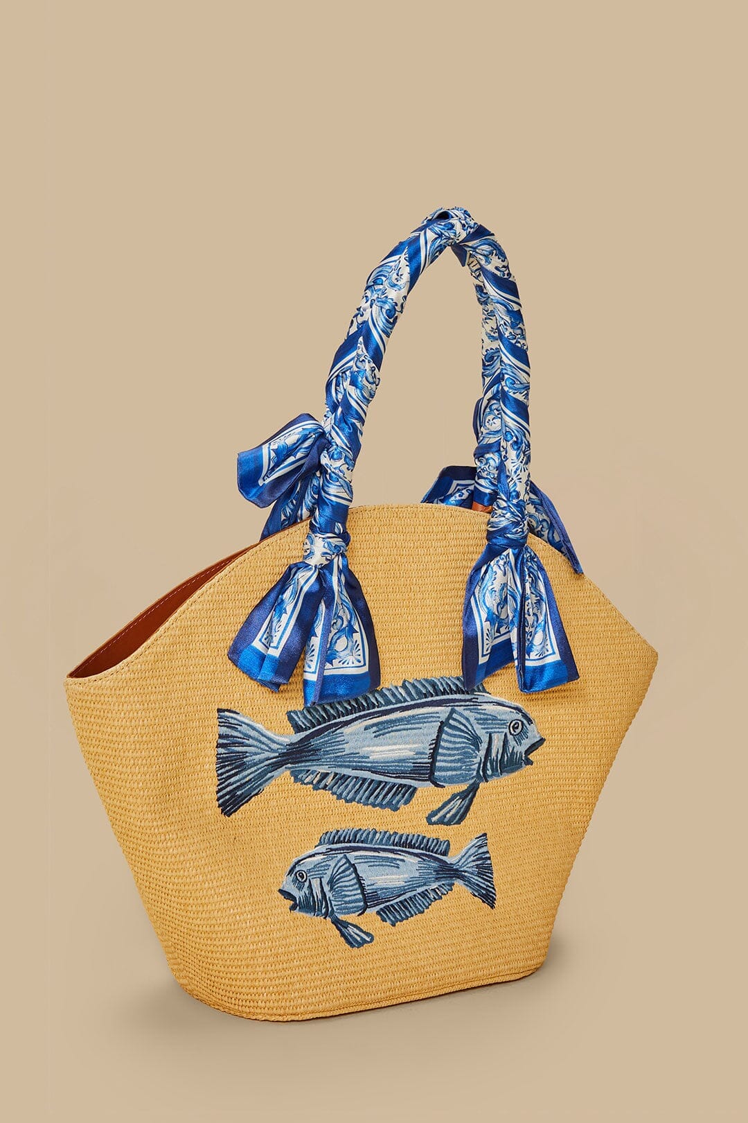 Blue Garden Tiles Raffia Shell Tote - Image 3