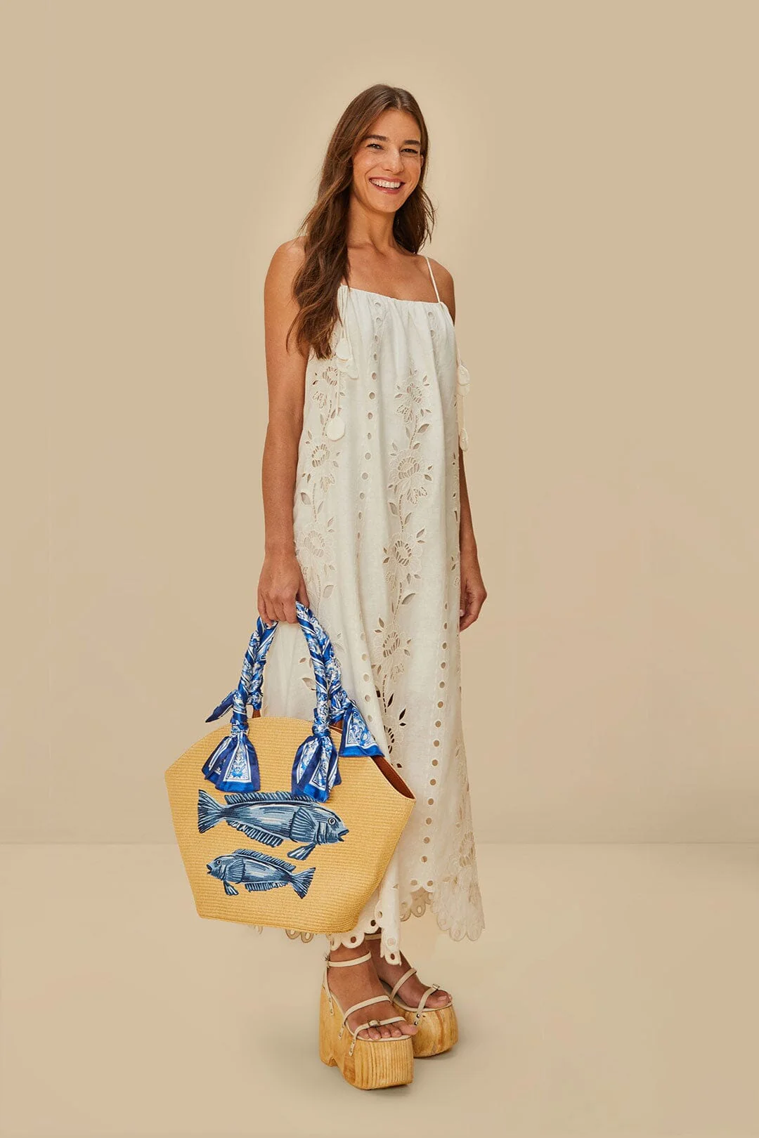 Blue Garden Tiles Raffia Shell Tote - Image 4