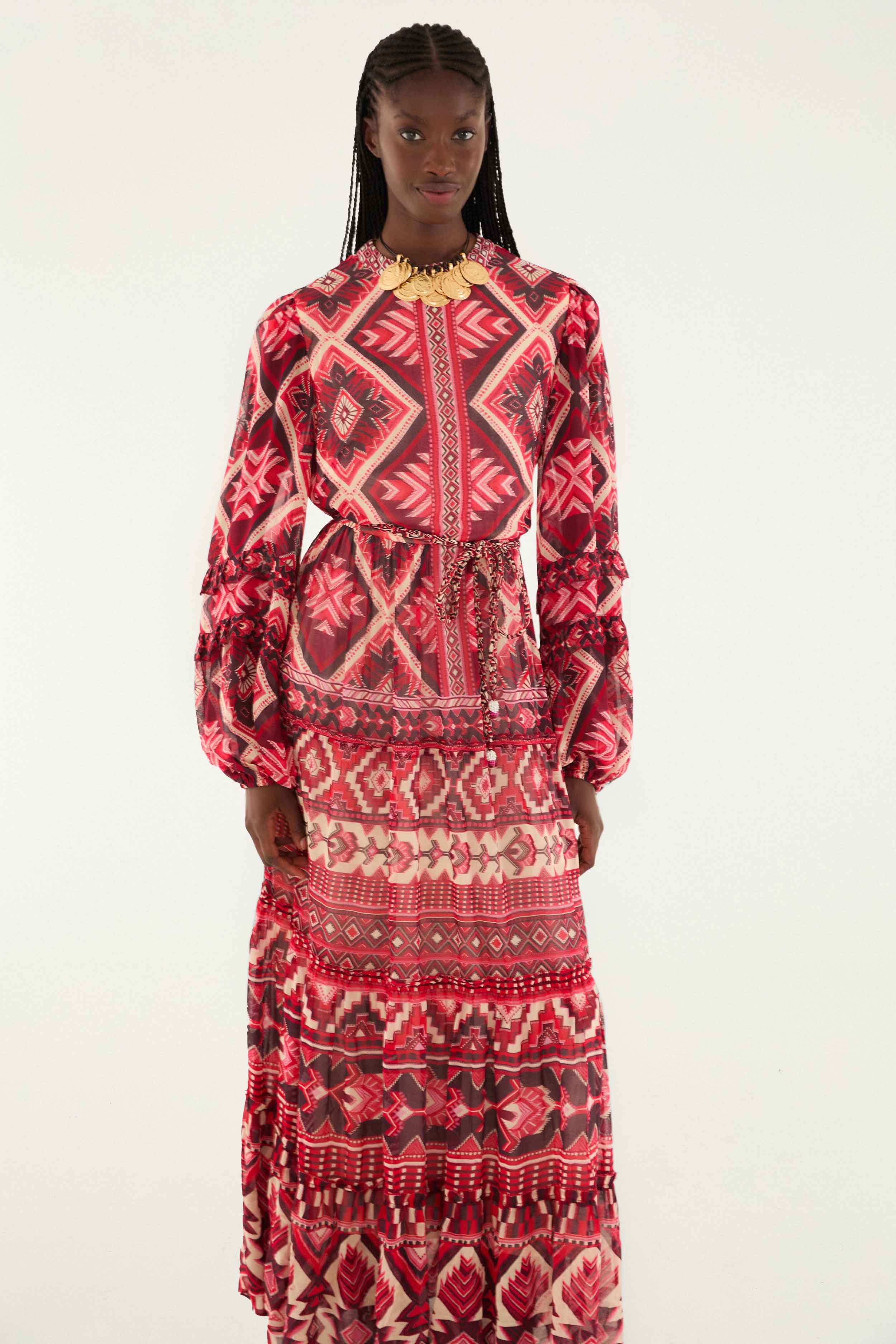 Red Graphic Ainika Belted Tiered Maxi Dress - Image 2
