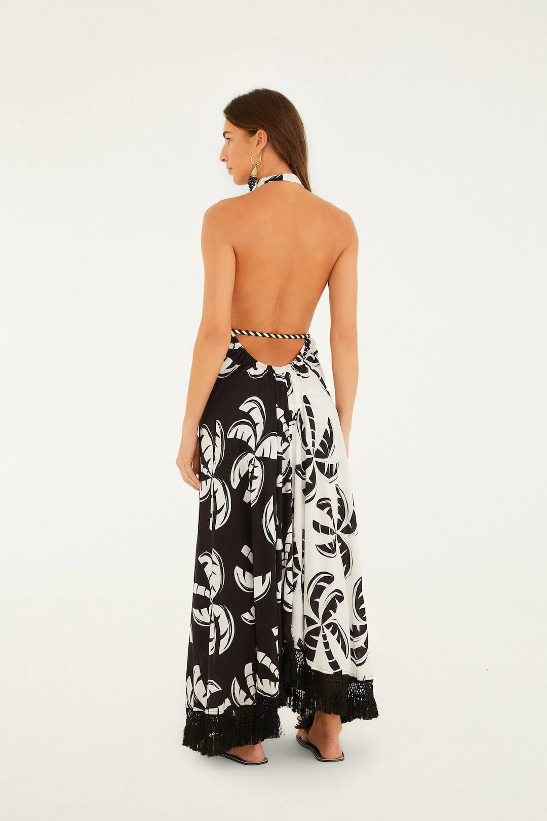 Black And White Graphic Palms Belted Maxi Dress - Image 3
