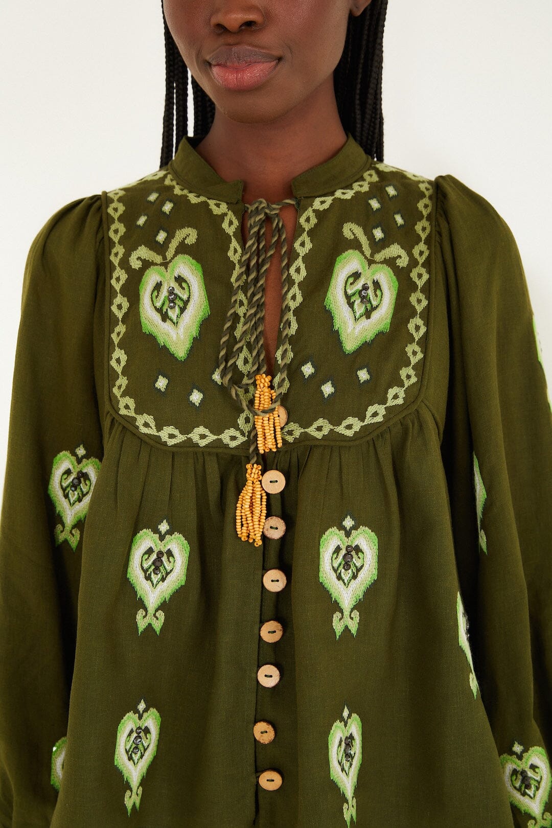 Green Embroidered Puff Sleeve Lenzing™ Ecovero™ Euroflax™ Blouse - Image 2