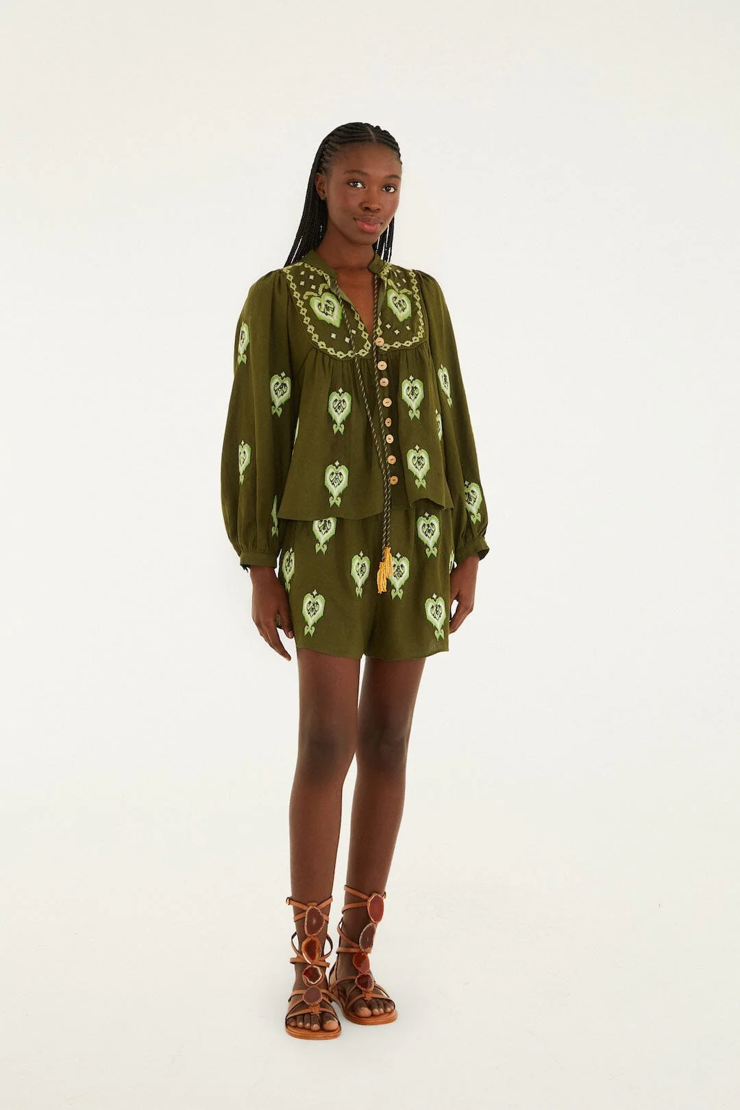 Green Embroidered Puff Sleeve Lenzing™ Ecovero™ Euroflax™ Blouse - Image 4