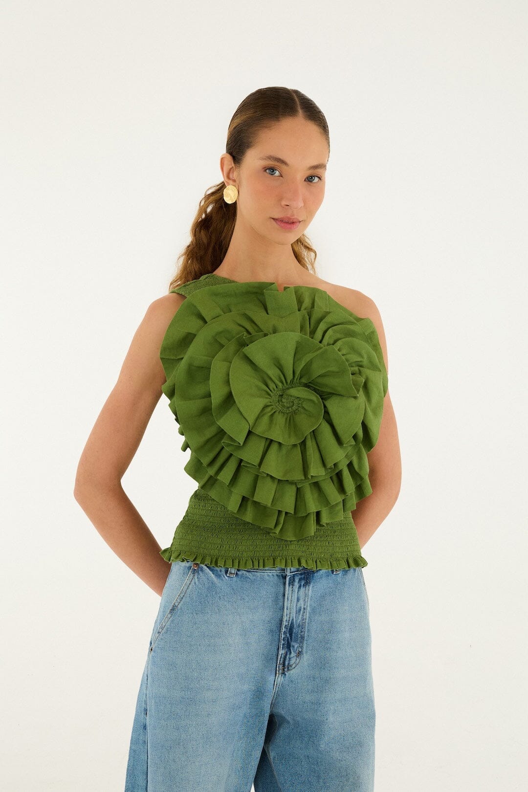 Green One Shoulder Lenzing Ecovero Euroflax Blouse