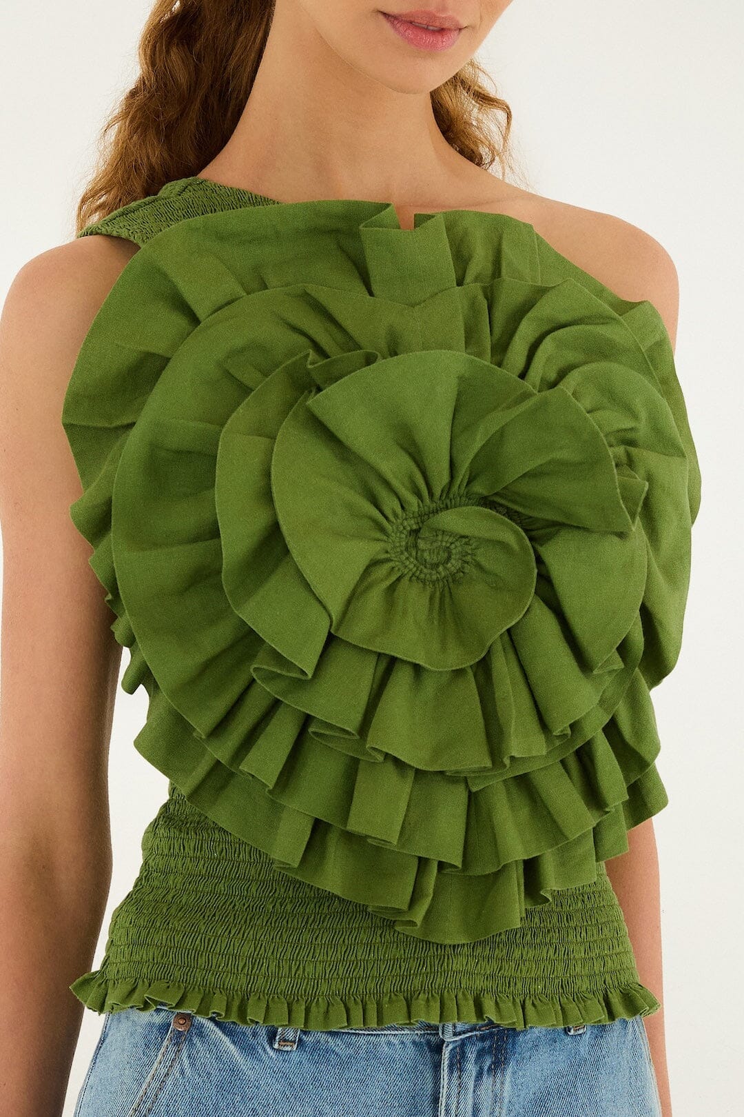 Green One Shoulder Lenzing Ecovero Euroflax Blouse - Image 2