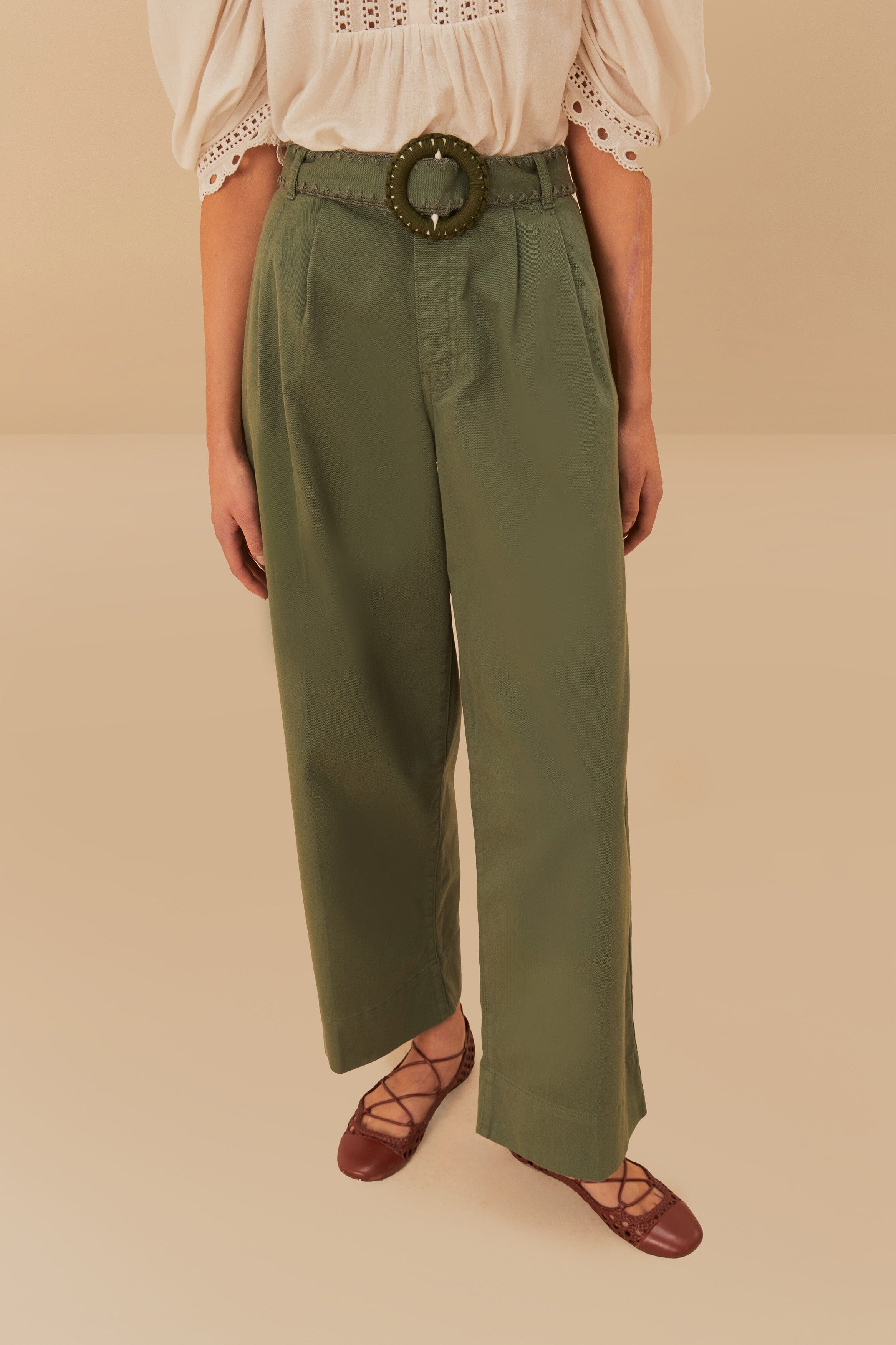 Green Twill Pleated Wide Pants - Image 2
