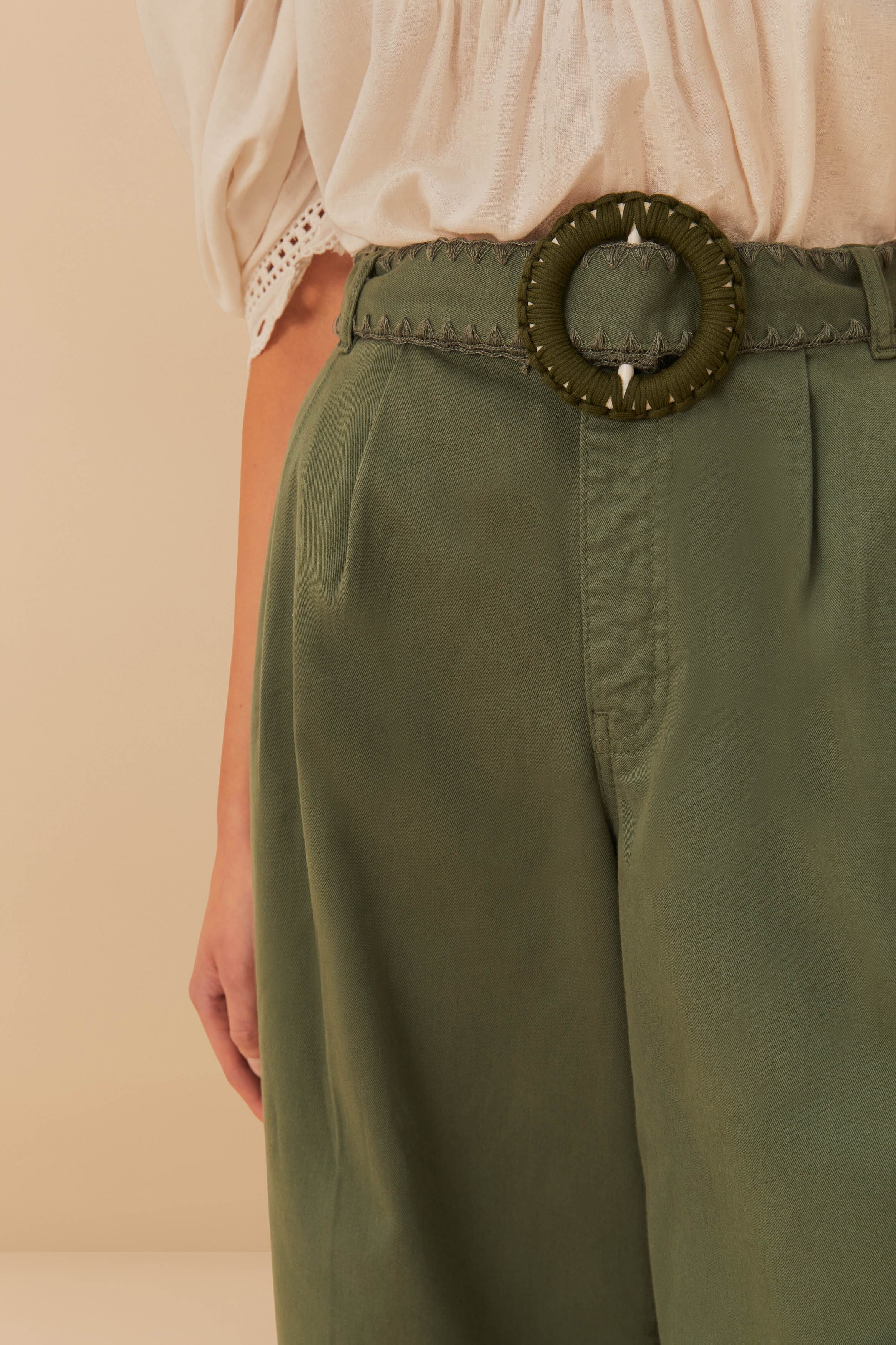 Green Twill Pleated Wide Pants - Image 3
