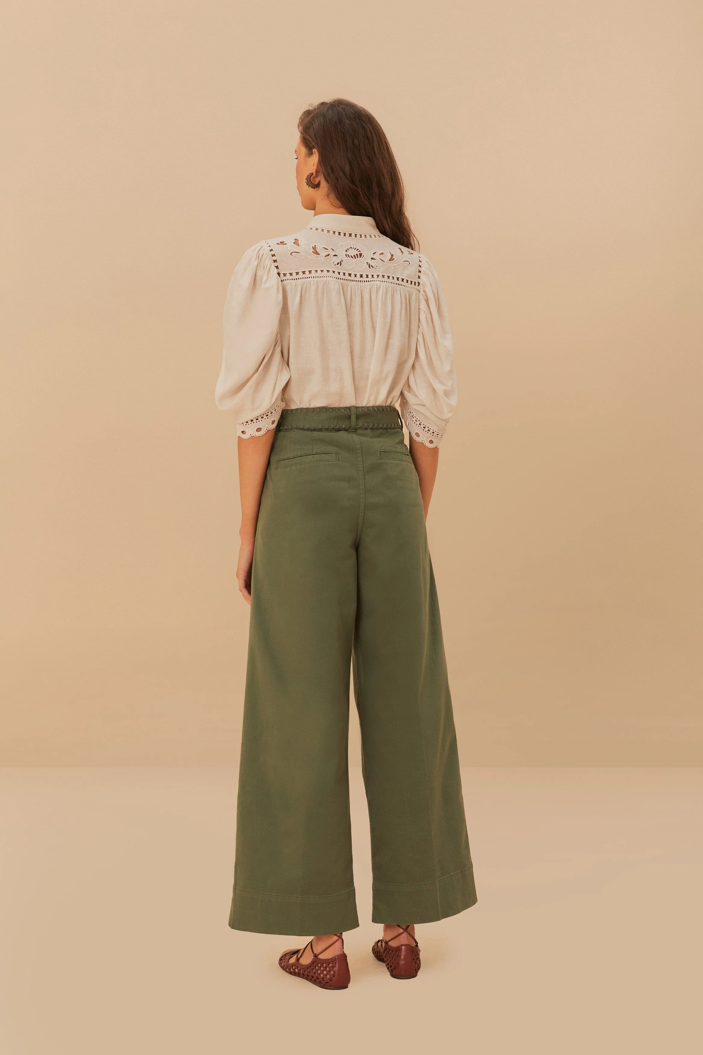 Green Twill Pleated Wide Pants - Image 4