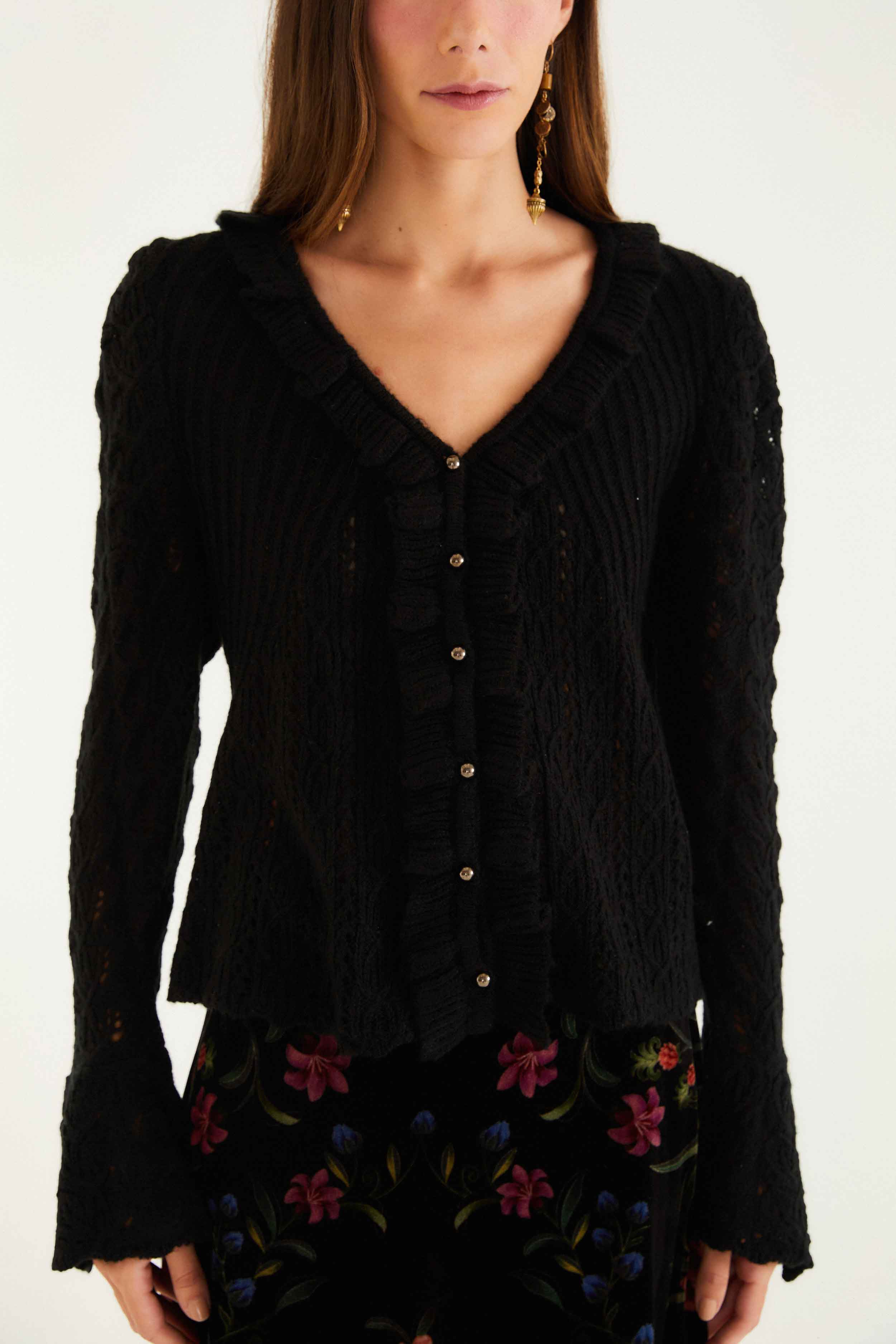 Black Lace Ruffled Knit Cardigan - Image 2