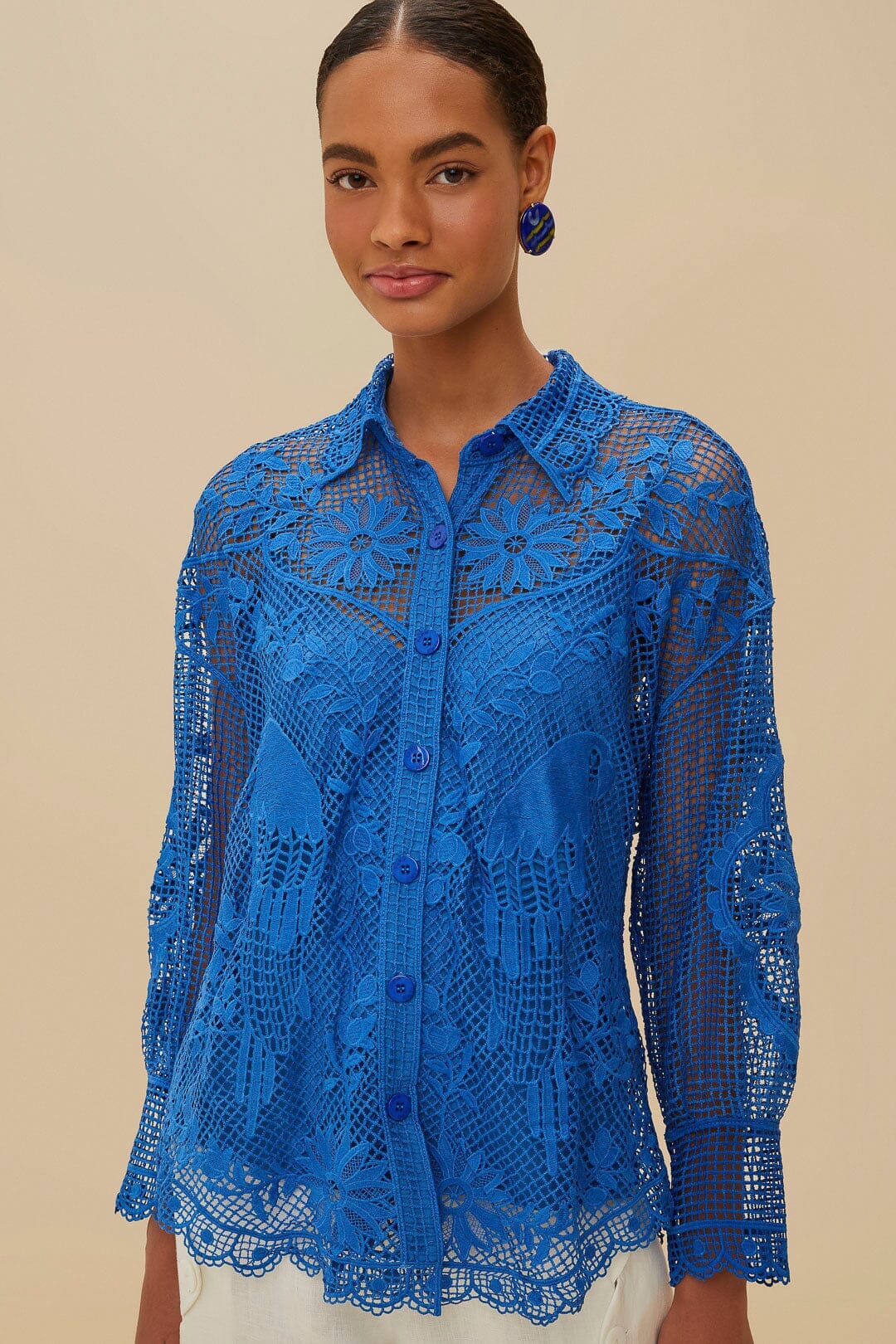 Blue Landscape Guipure Collared Shirt