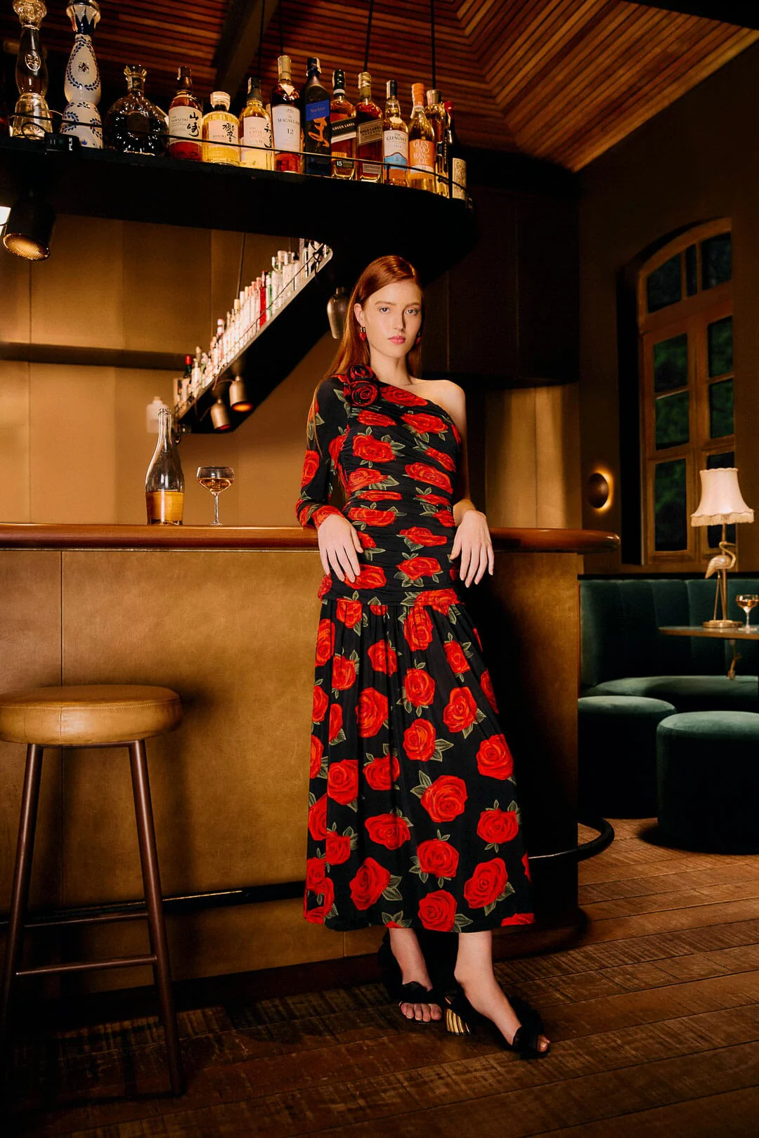 Black Latin Roses 3d Flower One-Shoulder Draped Maxi Dress