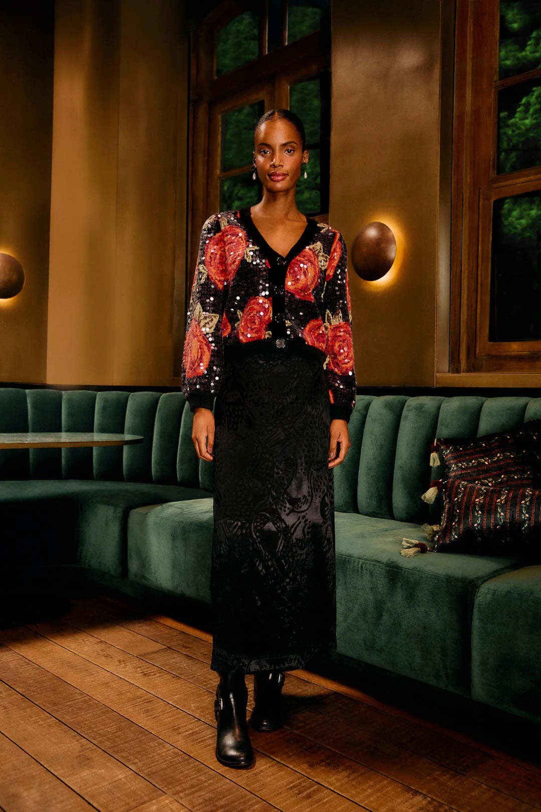 Black Latin Roses Buttoned Sequined Knit Cardigan - Image 2