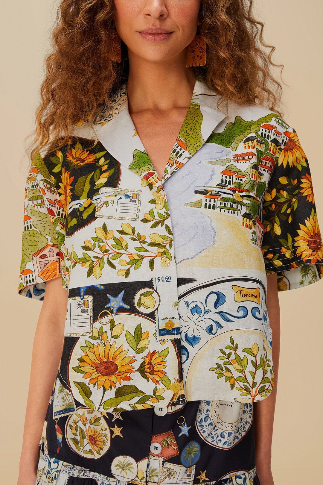 Multicolor Latin Trip Scarves Euroflax™ Premium Linen Crop Shirt - Image 3