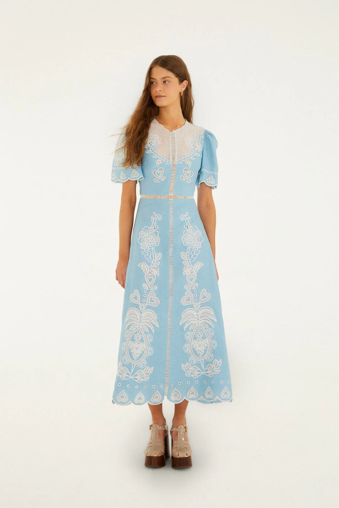 Light Blue Embroidered Euroflax Premium Linene Midi Dress