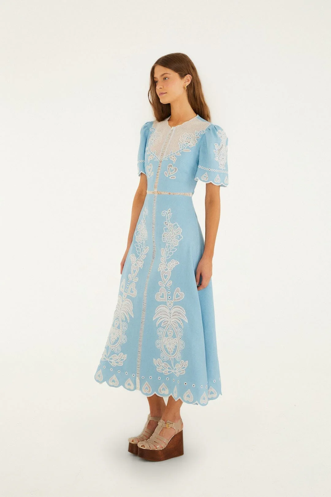 Light Blue Embroidered Euroflax Premium Linene Midi Dress - Image 5