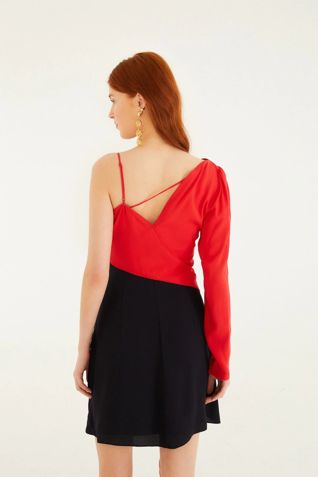 Red Bicolor One-Shoulder Mini Dress - Image 3