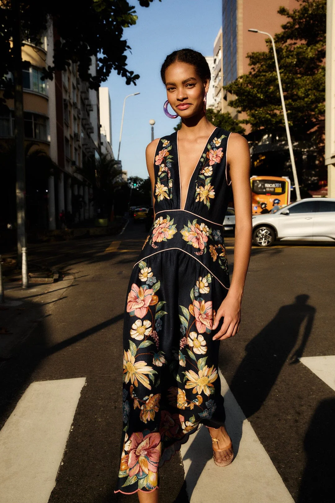 Dark Blue Maira Floral Euroflax Premium Linen Midi Dress