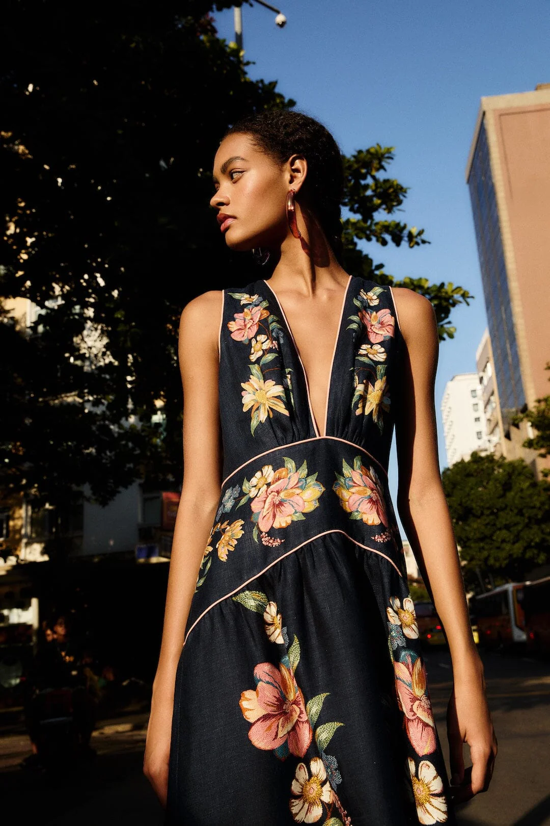 Dark Blue Maira Floral Euroflax Premium Linen Midi Dress - Image 2