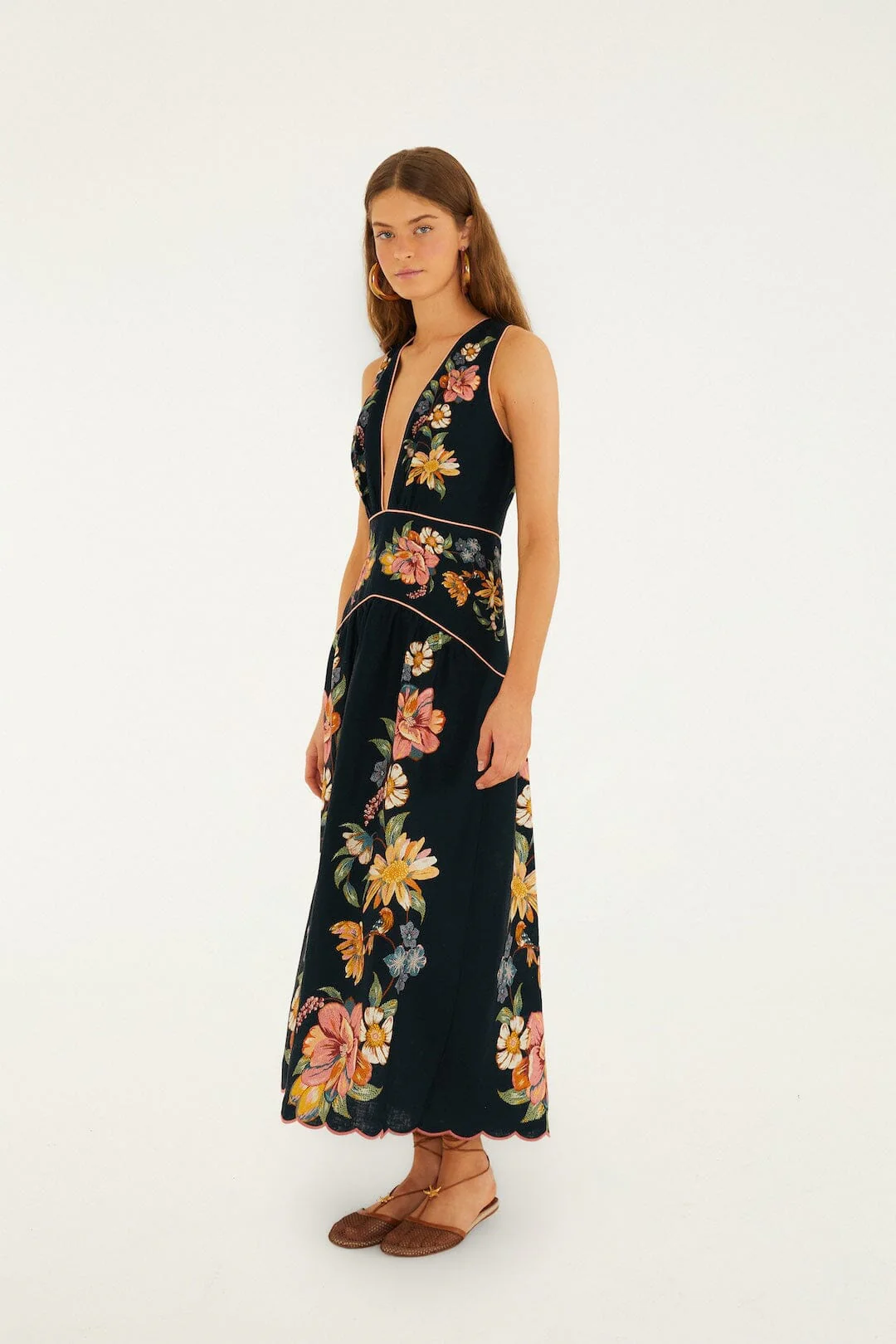Dark Blue Maira Floral Euroflax Premium Linen Midi Dress - Image 4