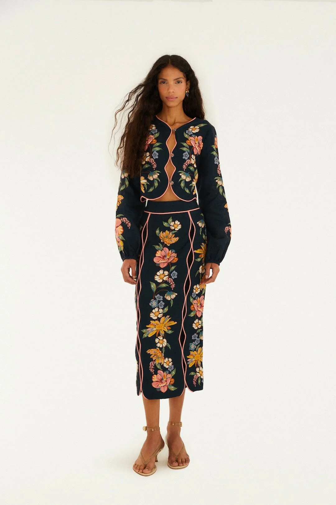 Dark Blue Maira Floral Euroflax Premium Linen Midi Skirt